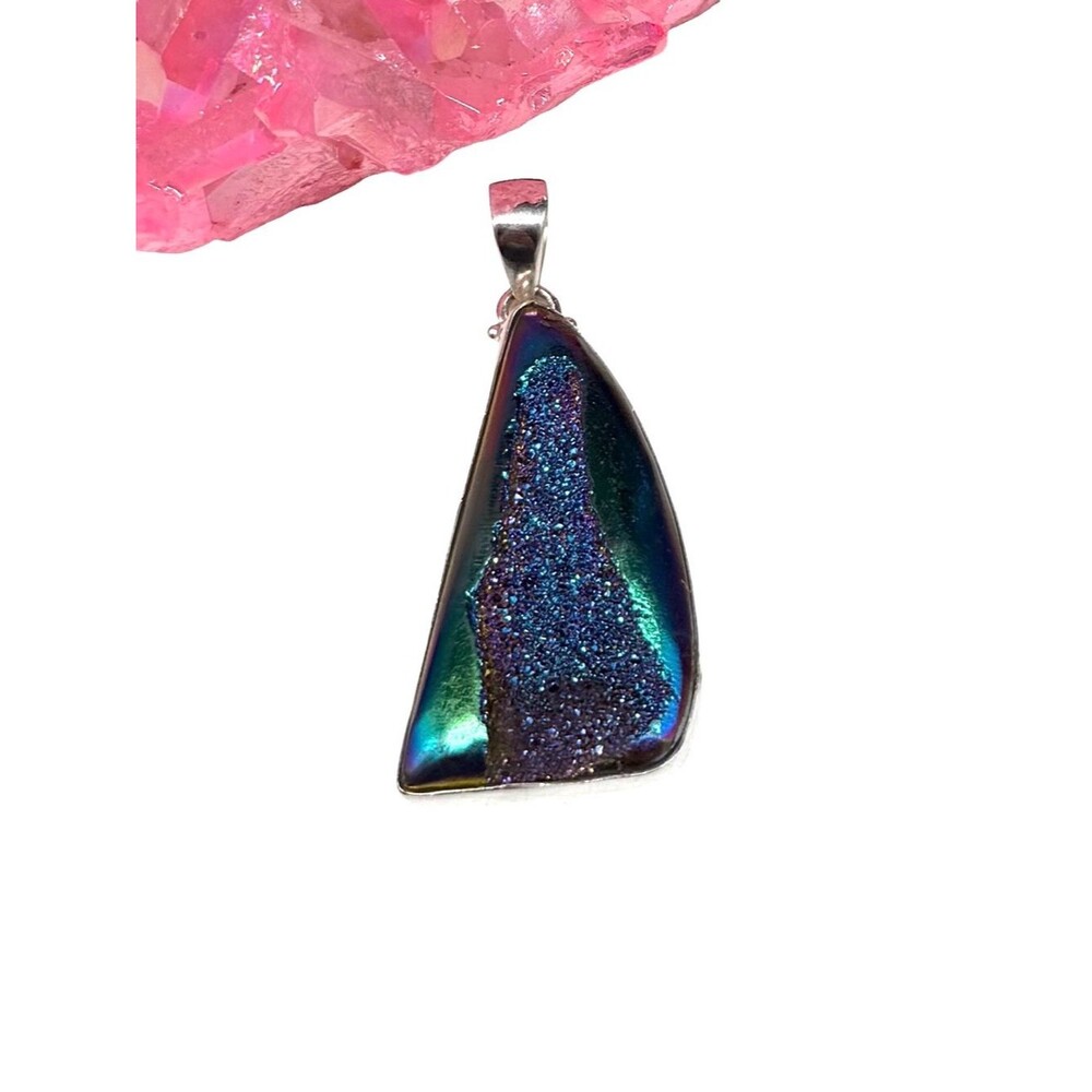 Titanium Druzy Necklace Pendant Solid 925 Sterling Silver Crystal Iridescent